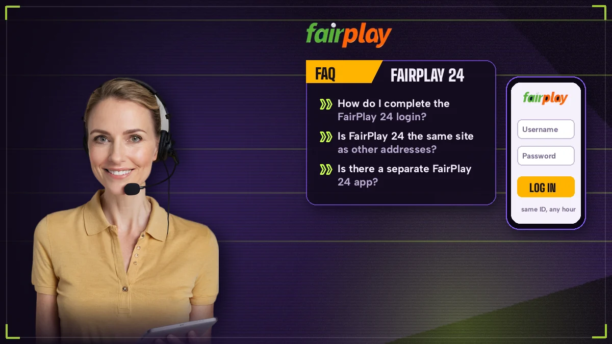 Phone showing the FairPlay sign-in screen next to a desk agent answering common account questions