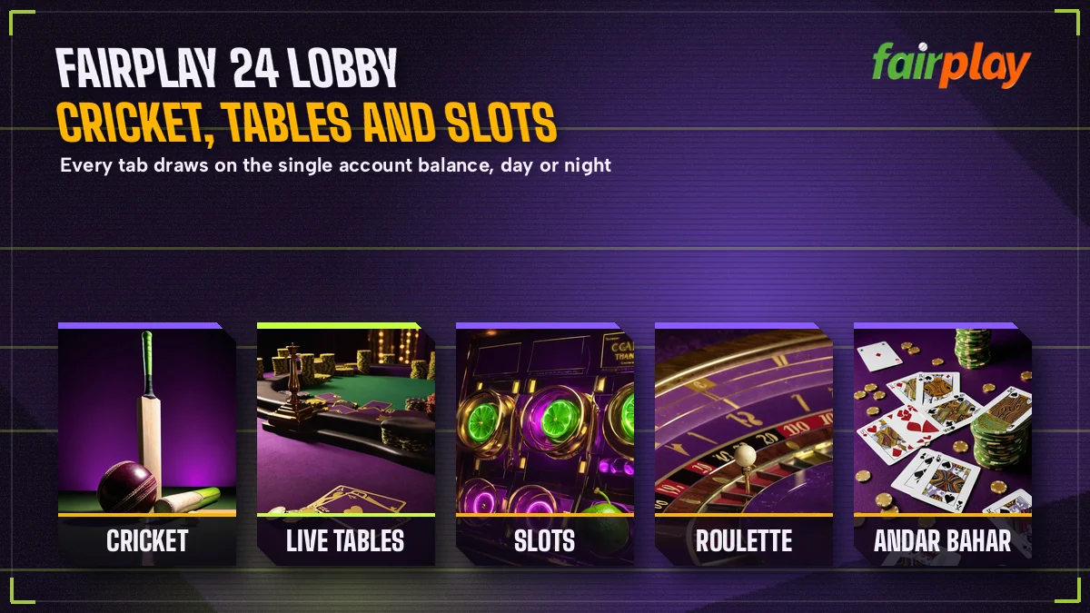 Row of FairPlay game tiles with cricket, live casino tables and slots under one account