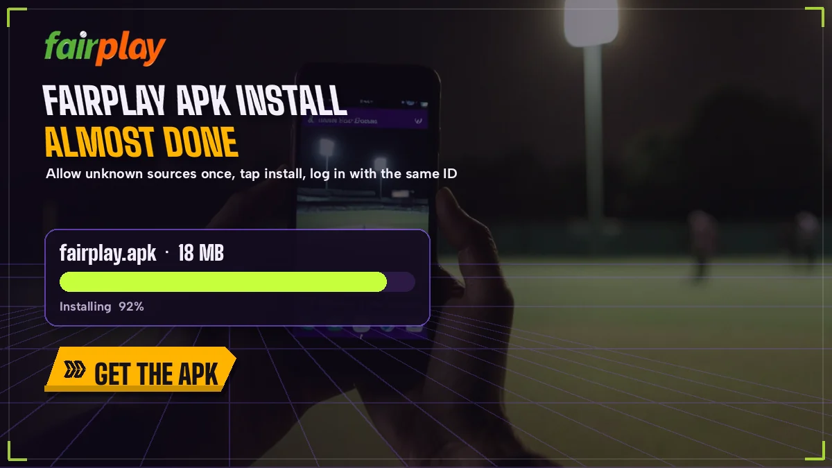 Hand holding a phone mid-install of the FairPlay APK with the progress bar nearly full