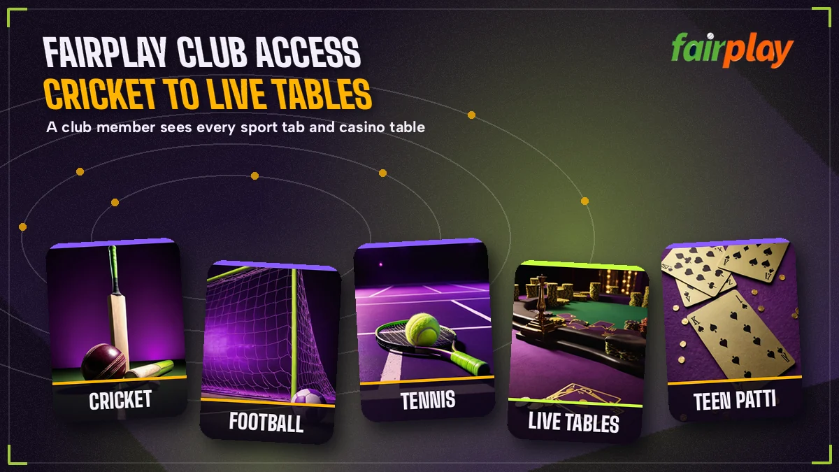 Strip of FairPlay game and sport tiles open to a club member, from cricket to live tables