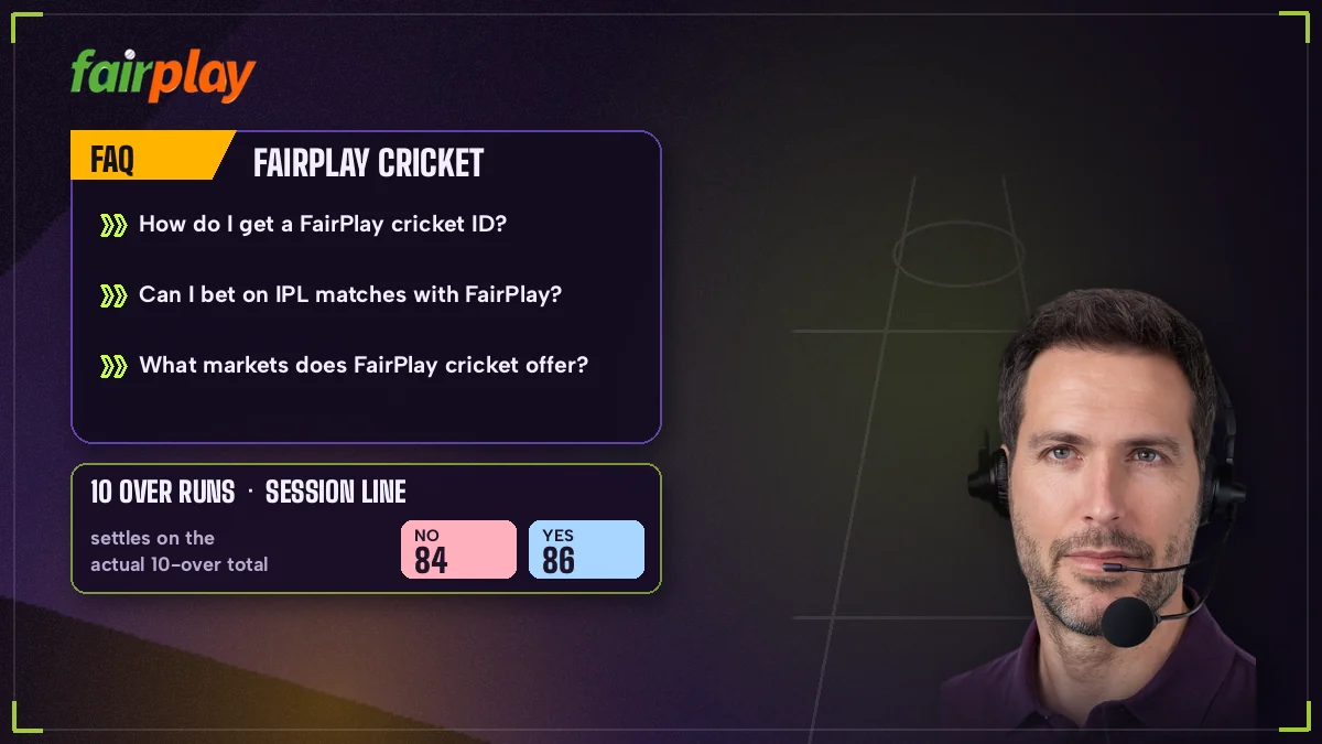 Support host explaining how a FairPlay session line with No and Yes figures settles after ten overs