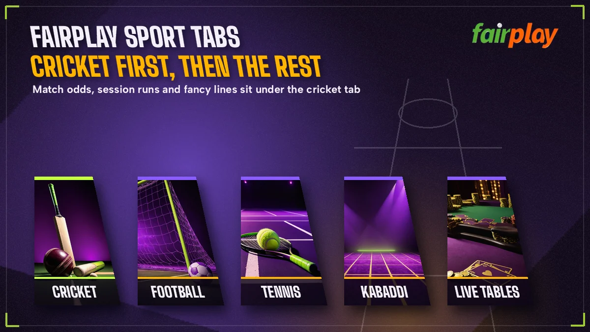 Strip of FairPlay sport tabs with cricket, football and live match tiles lined up