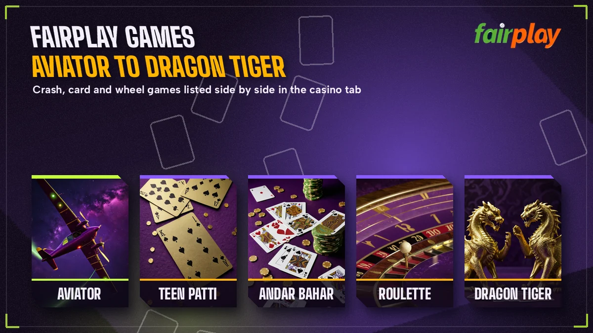 Strip of FairPlay game tiles showing Aviator, teen patti, andar bahar and roulette side by side