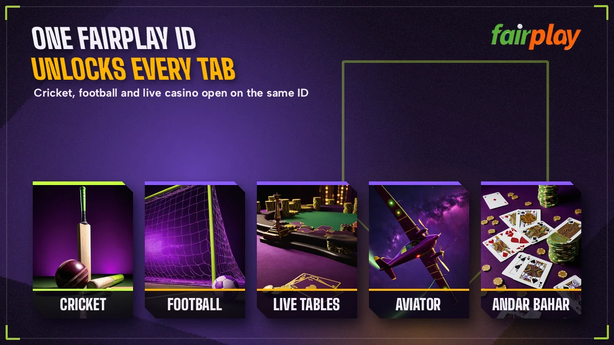 Strip of cricket, football and live casino tiles unlocked by a single FairPlay ID