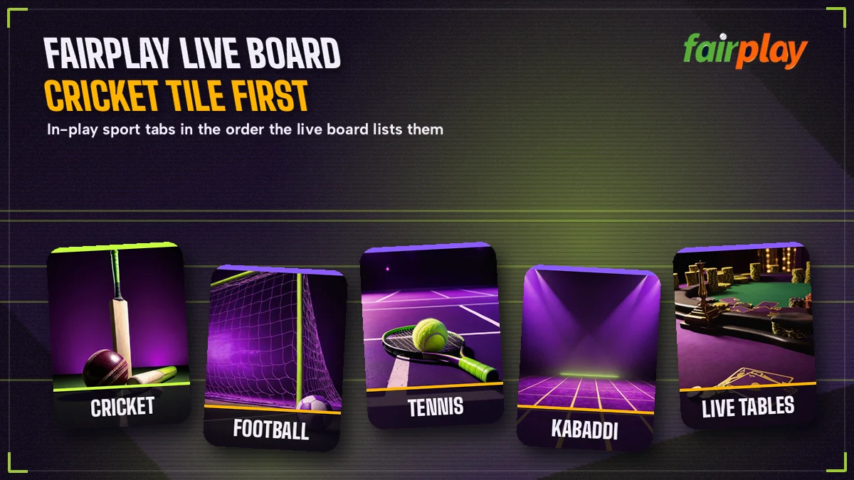 Strip of sport tiles from the FairPlay Live board with the cricket tile placed first