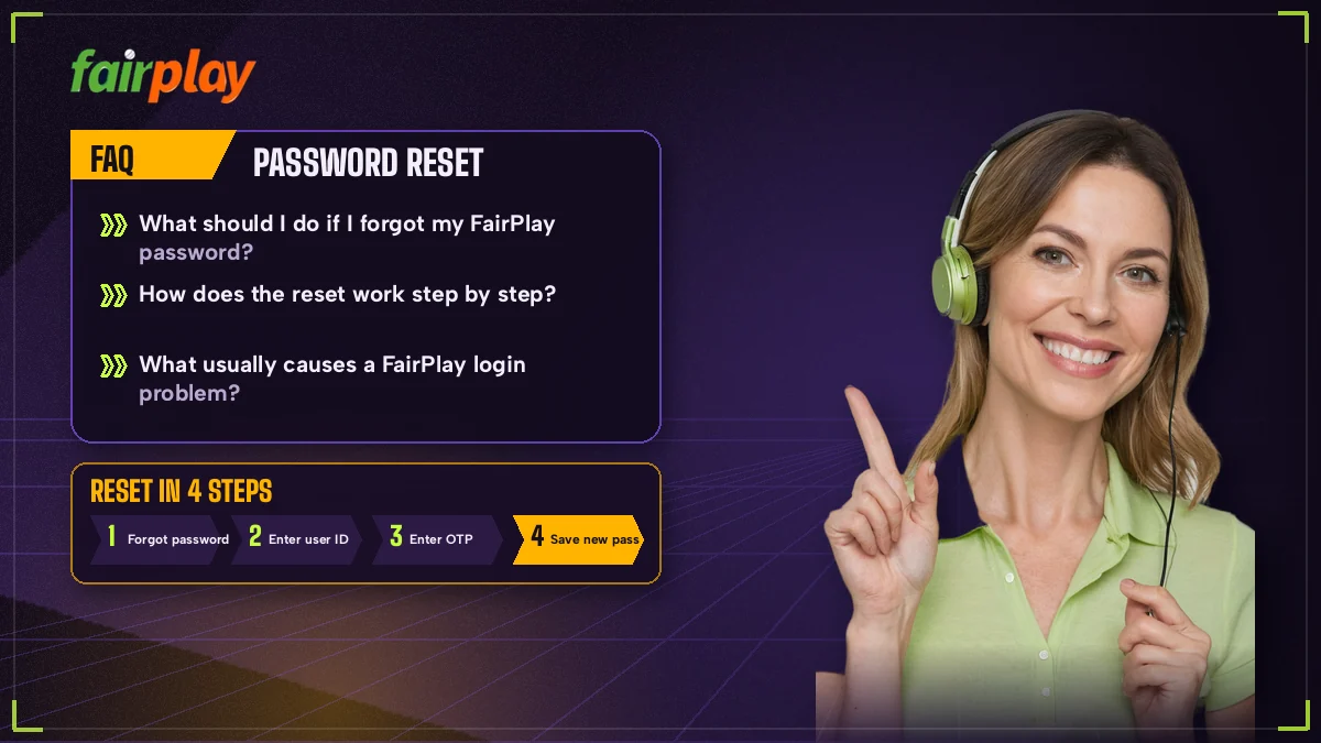 Support agent with a headset pointing to the four reset steps for a FairPlay password