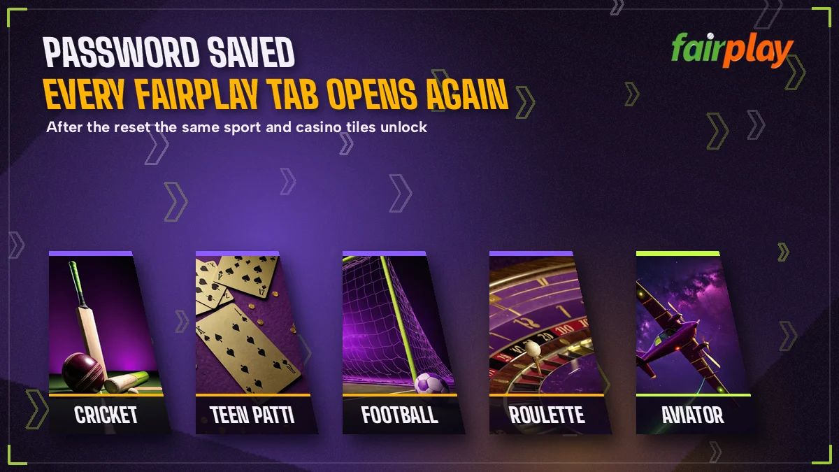 Row of FairPlay sport and casino tiles that open again once the new password is saved