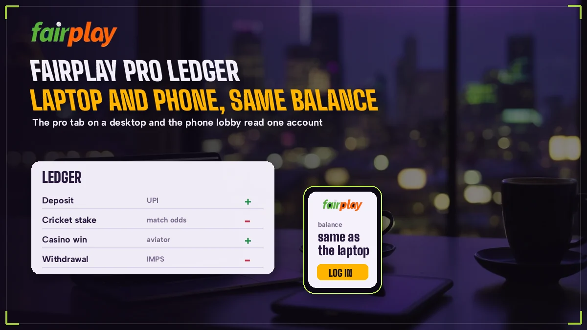 Laptop open on the FairPlay Pro ledger tab next to a phone showing the same account balance