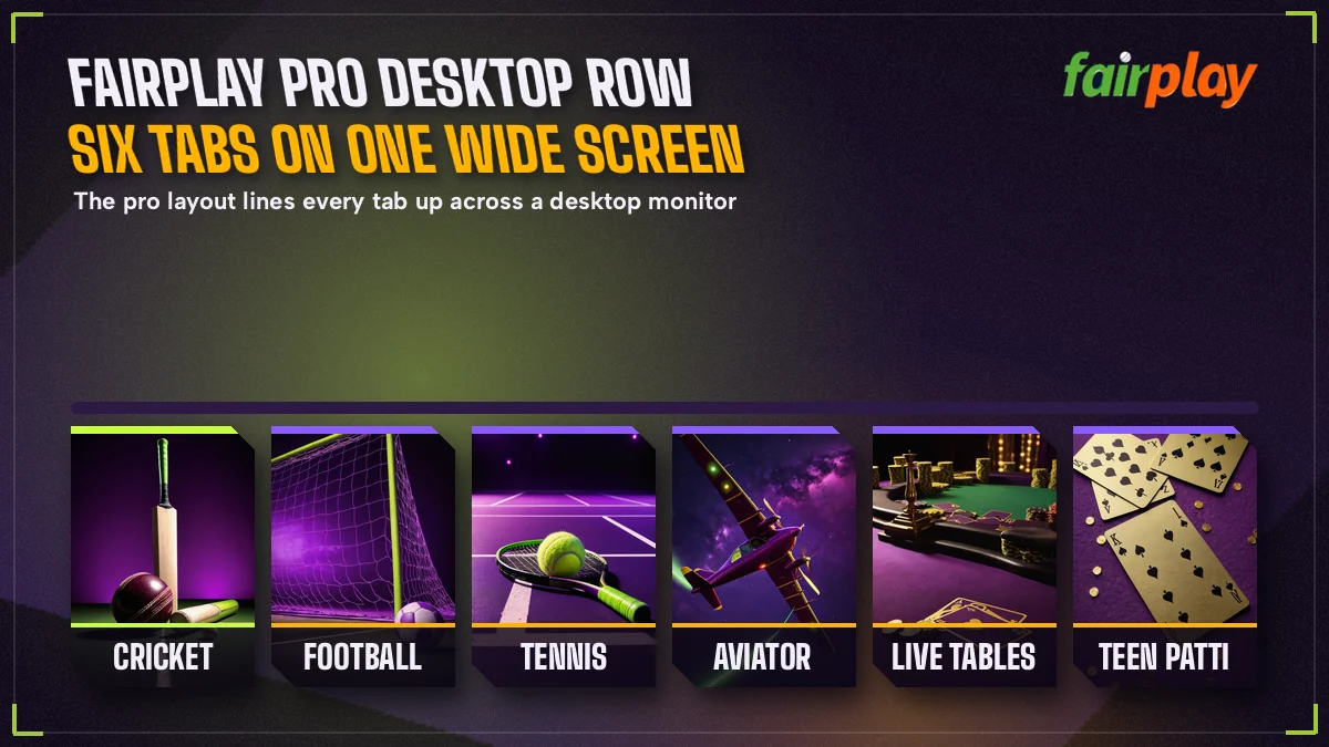 Strip of FairPlay Pro sport and game tiles arranged in one wide row for a desktop screen