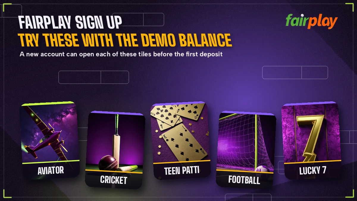 Row of FairPlay game and sport tiles a new account can try with the free demo balance