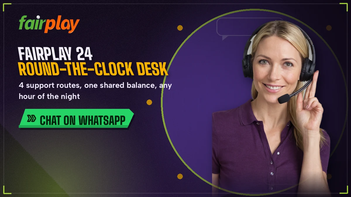 Support agent with a headset beside a 24-hour clock ring showing the four FairPlay help routes