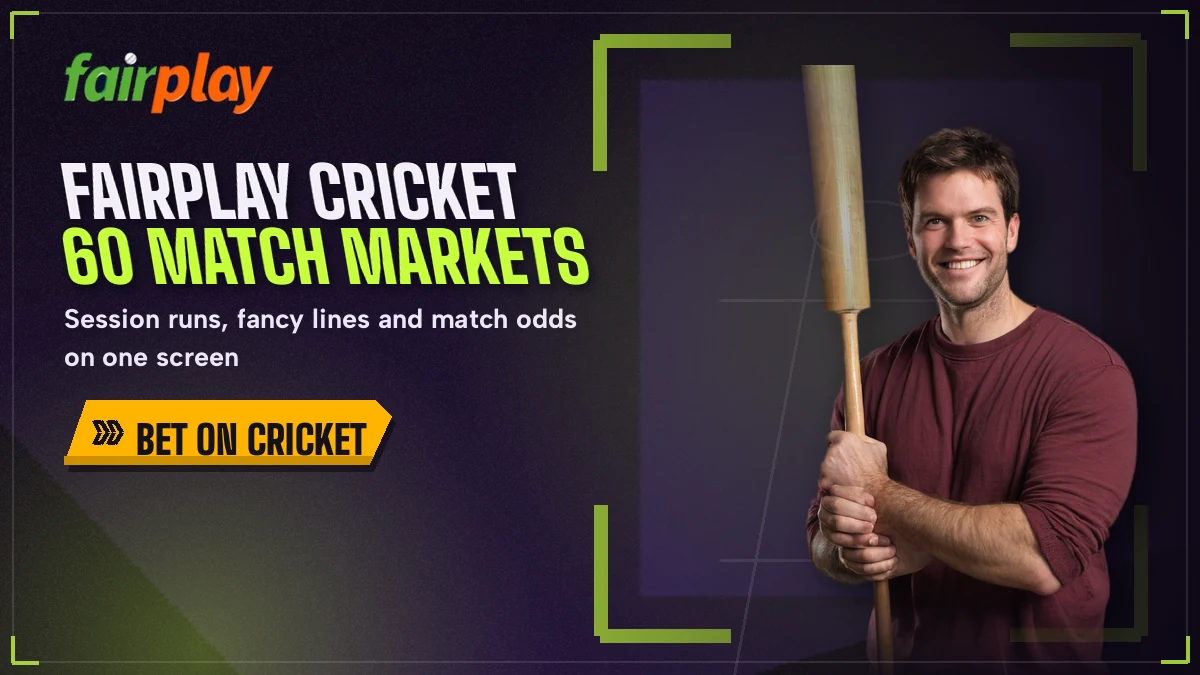 Cricketer in a training top pointing toward the FairPlay cricket match card with session and fancy lines