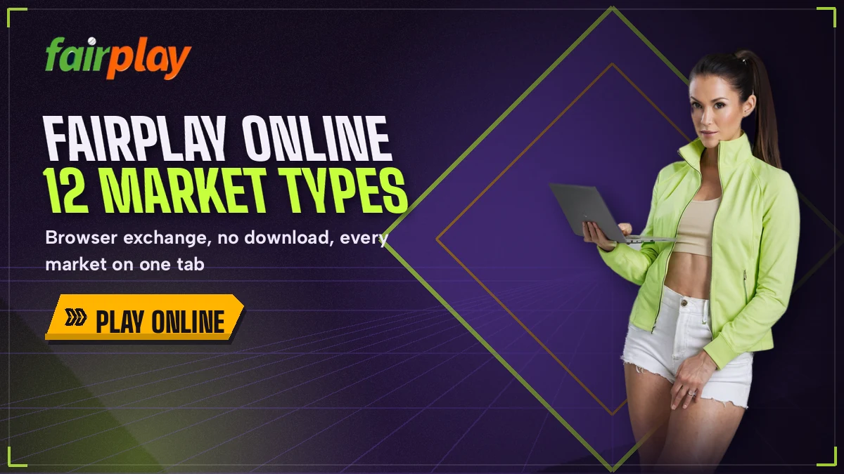 Browser tab showing the FairPlay online exchange with market rows open beside a laptop