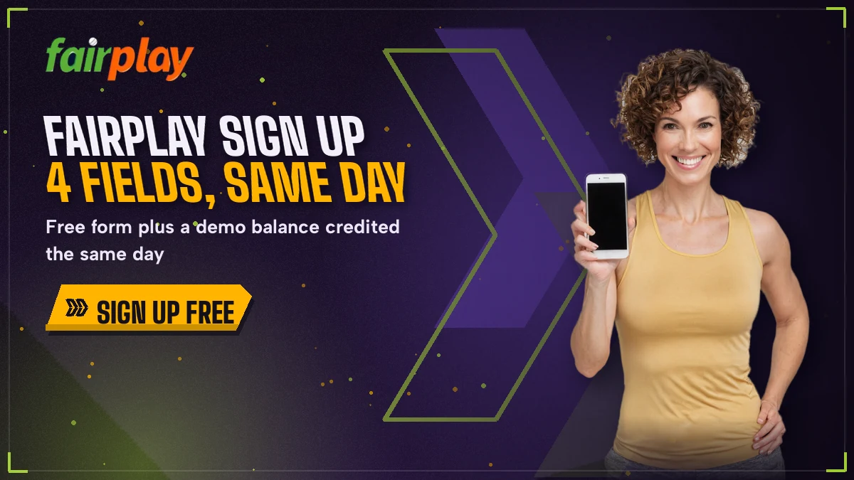 Smiling adult holding a phone beside the four-field FairPlay registration form with a confirm button