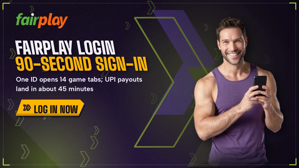 FairPlay sign-in banner with a player holding a phone beside the 90-second login promise
