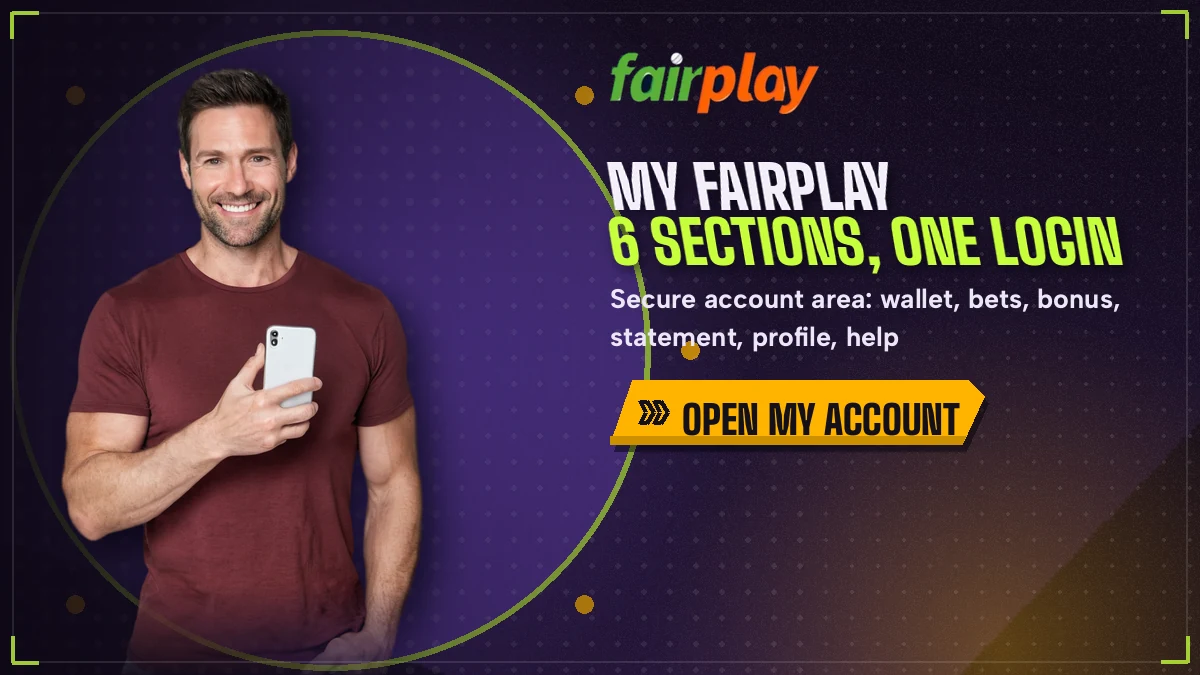 Player holding a phone that shows the My FairPlay dashboard with its six account tabs