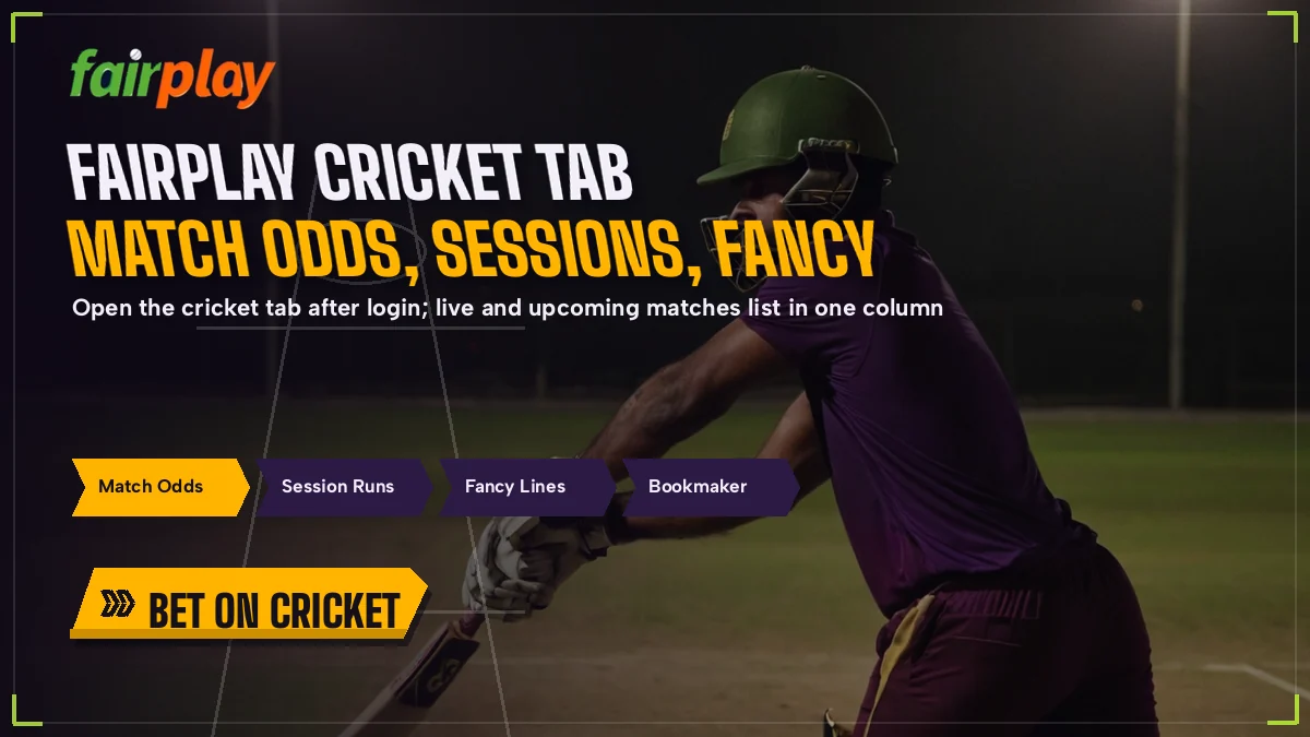Cricket batter under floodlights promoting the FairPlay match markets tab