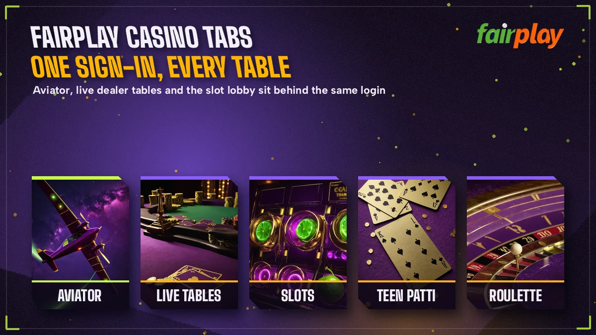 Row of FairPlay casino tiles showing Aviator, live dealer tables and the slot lobby