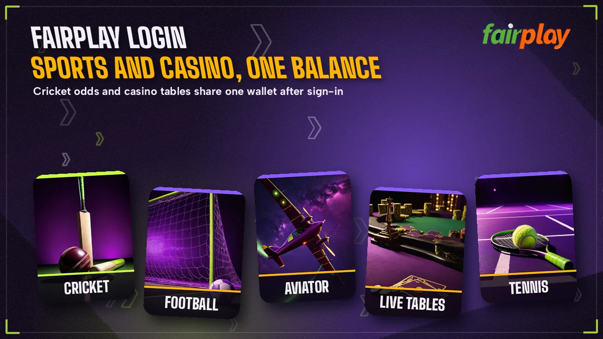 Strip of FairPlay tiles for cricket, football, Aviator and live tables behind a single sign-in
