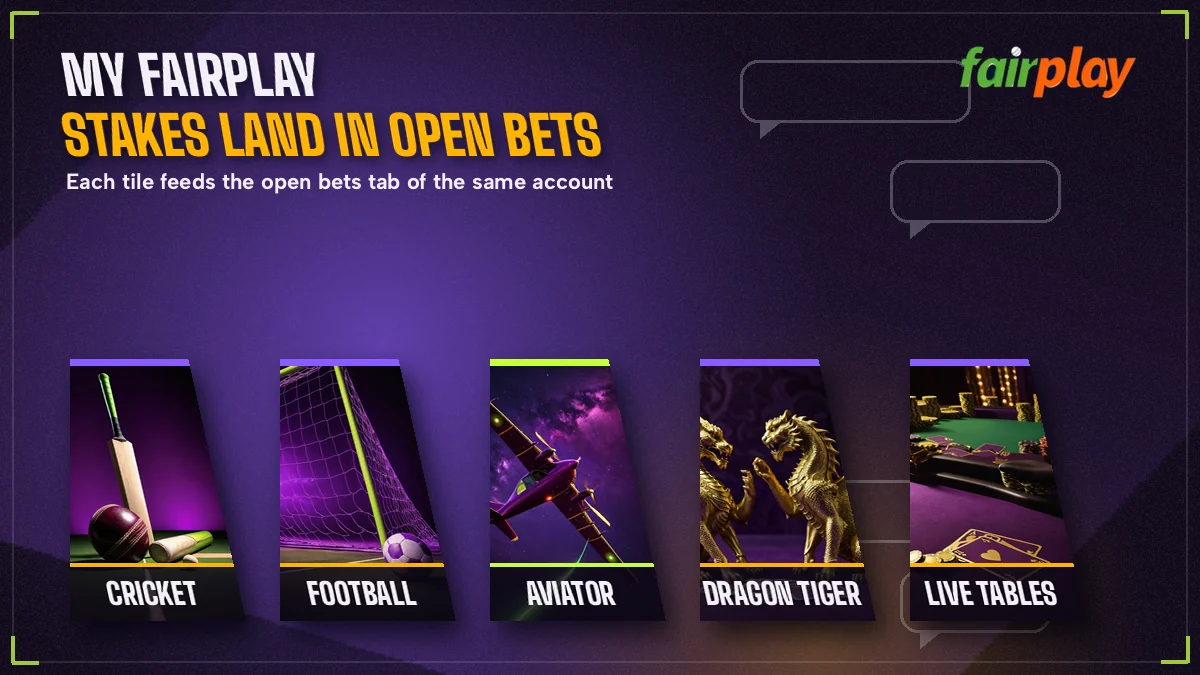 Strip of FairPlay sport and game tiles that feed stakes into the open bets tab